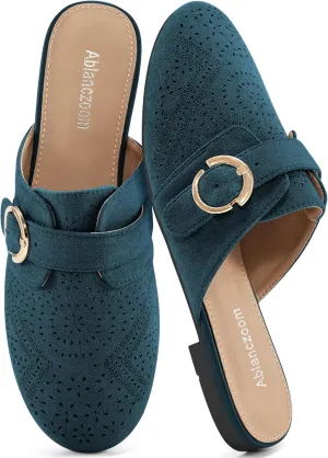 Ablanczoom Mules for Women Flat Shoes: Comfortable Slip On Suede Dressy Buckle Closed Toe Backless Womens Mule 2025