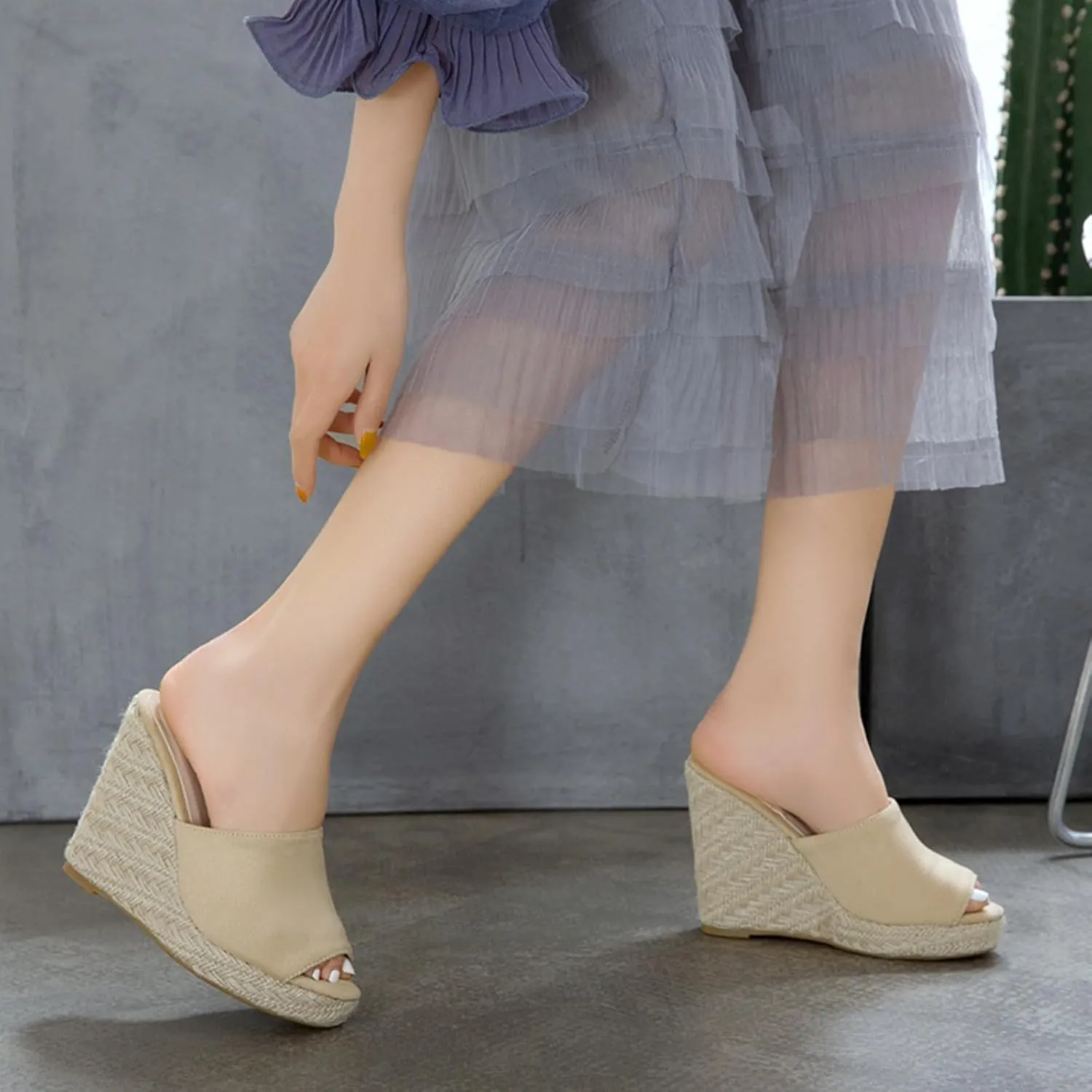 AIMODOR Women's Espadrilles Mules Wedge Heels Platform Peep Toe Sandals Slingback Faux Suede Pumps