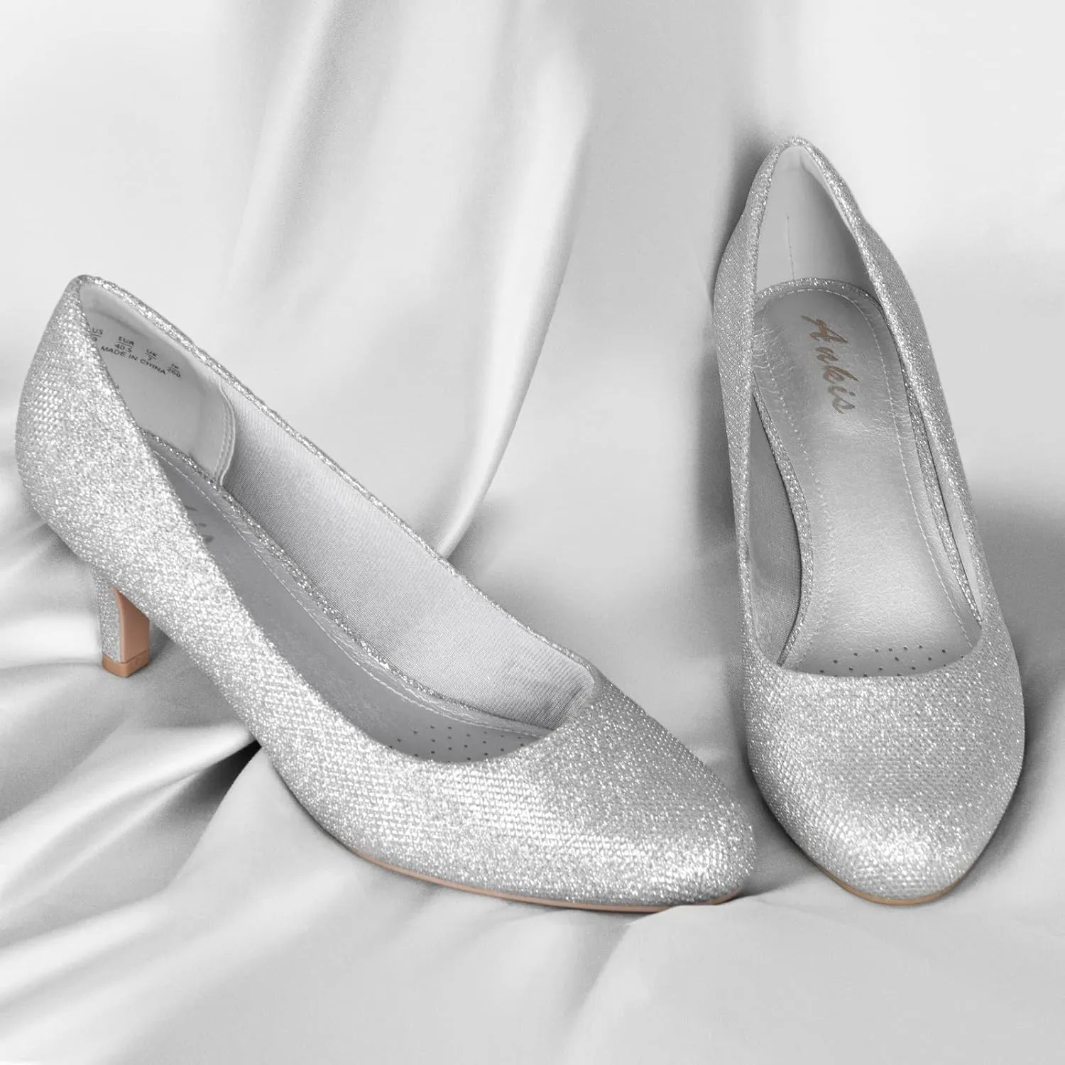 Ankis Black Nude White Silver Pumps for Women, Comfortable Low Heel Women Pumps Closed Round Toe Dress Shoes for Work Office Wedding Party Prom, 2.5 Inch
