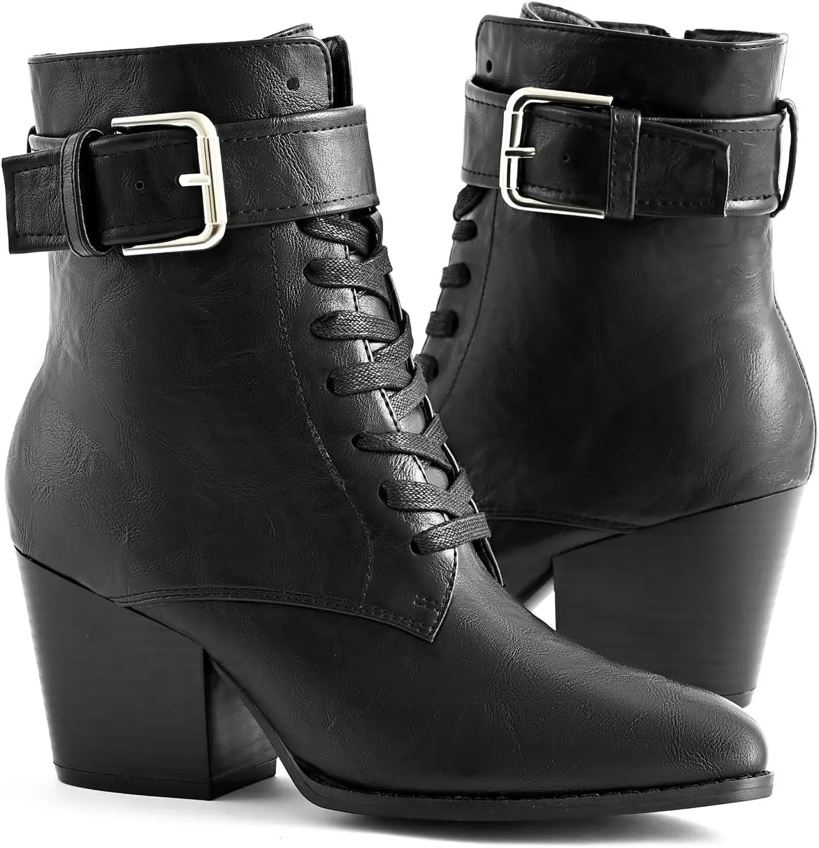 Ankle Boots for Women Chunky Heels Lace-up Booties with Side Zipper Buckle Strap Pointed Toe Comfortable Casual Ladies Work Booties Shoes
