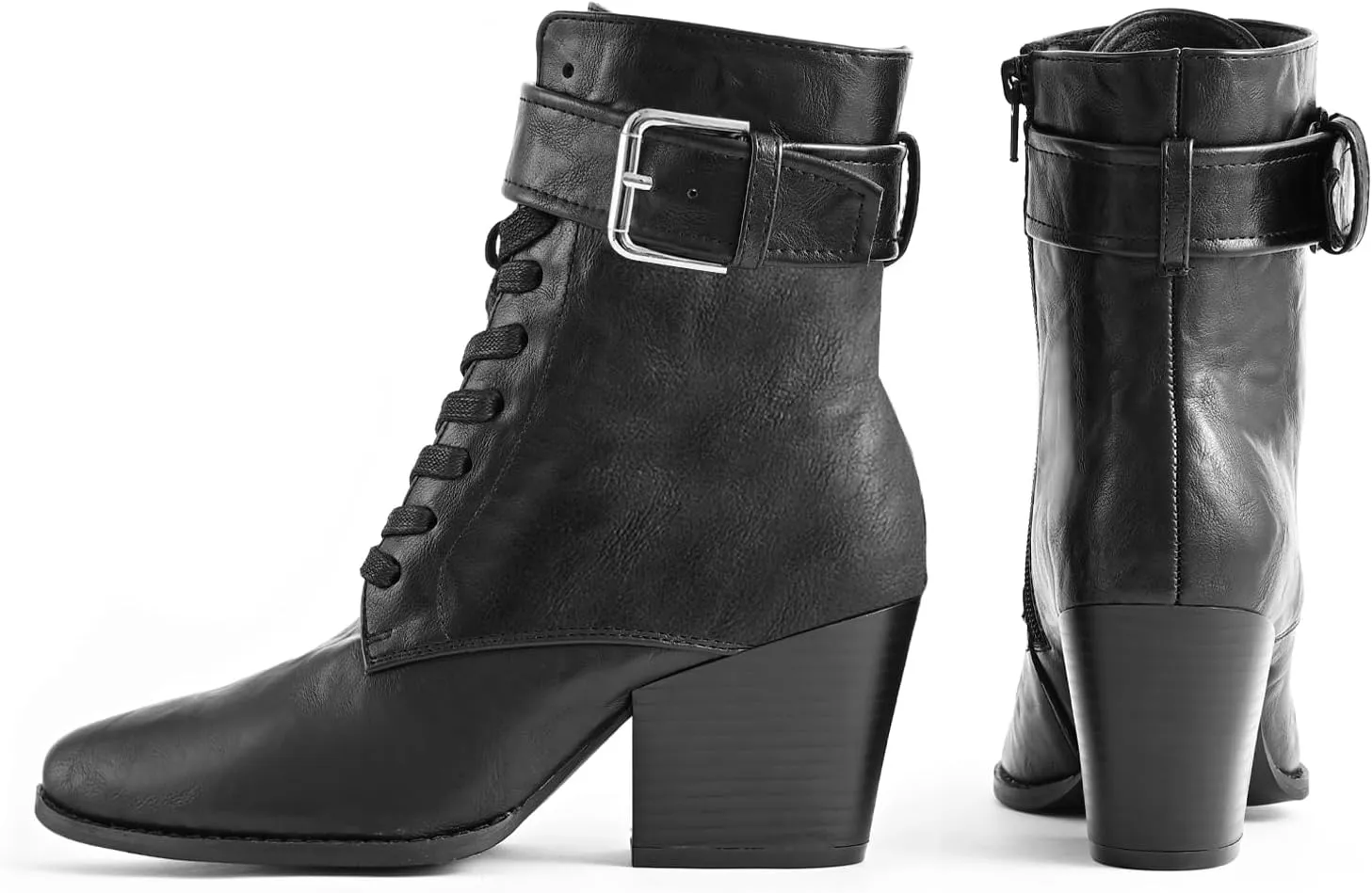 Ankle Boots for Women Chunky Heels Lace-up Booties with Side Zipper Buckle Strap Pointed Toe Comfortable Casual Ladies Work Booties Shoes