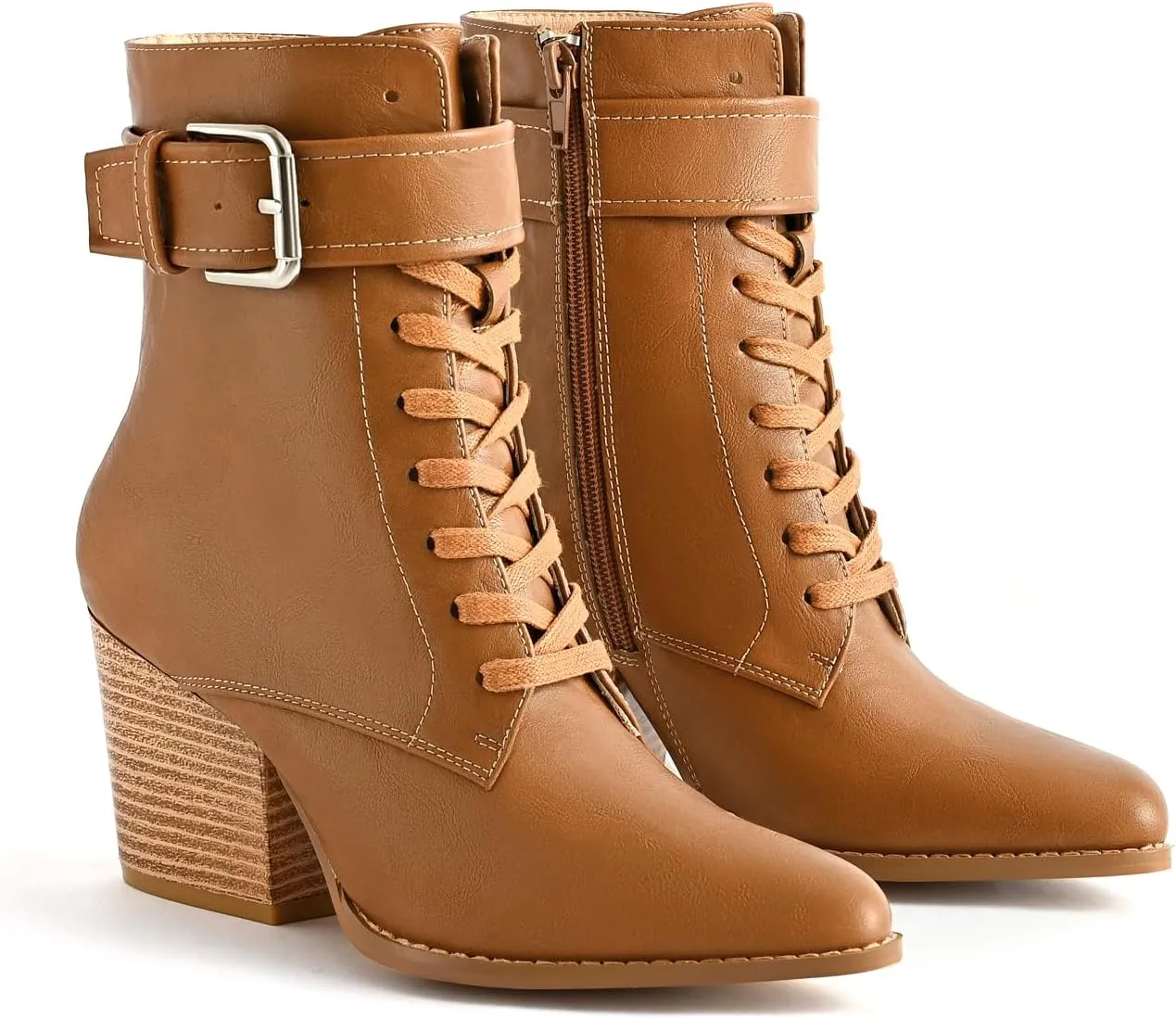 Ankle Boots for Women Chunky Heels Lace-up Booties with Side Zipper Buckle Strap Pointed Toe Comfortable Casual Ladies Work Booties Shoes