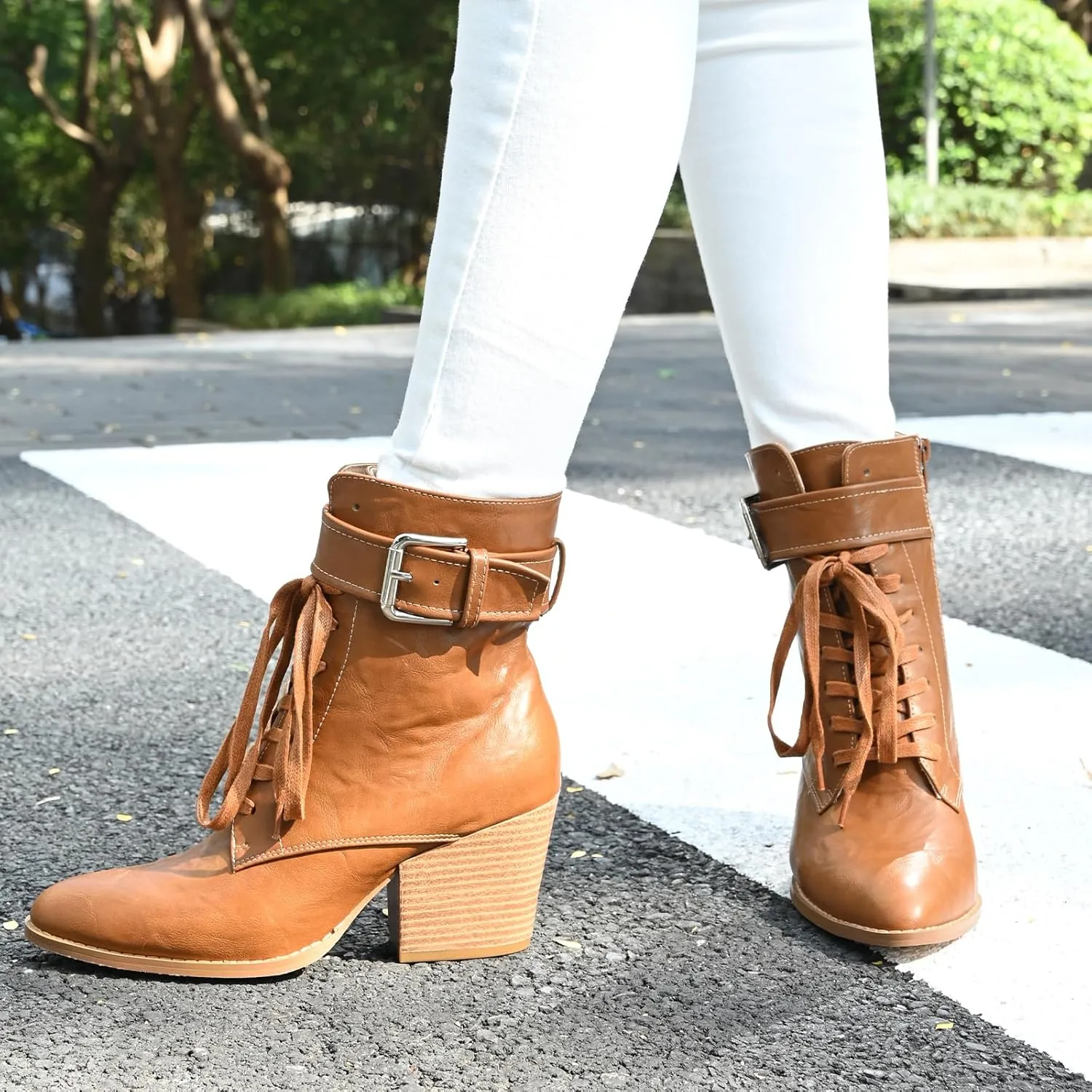 Ankle Boots for Women Chunky Heels Lace-up Booties with Side Zipper Buckle Strap Pointed Toe Comfortable Casual Ladies Work Booties Shoes