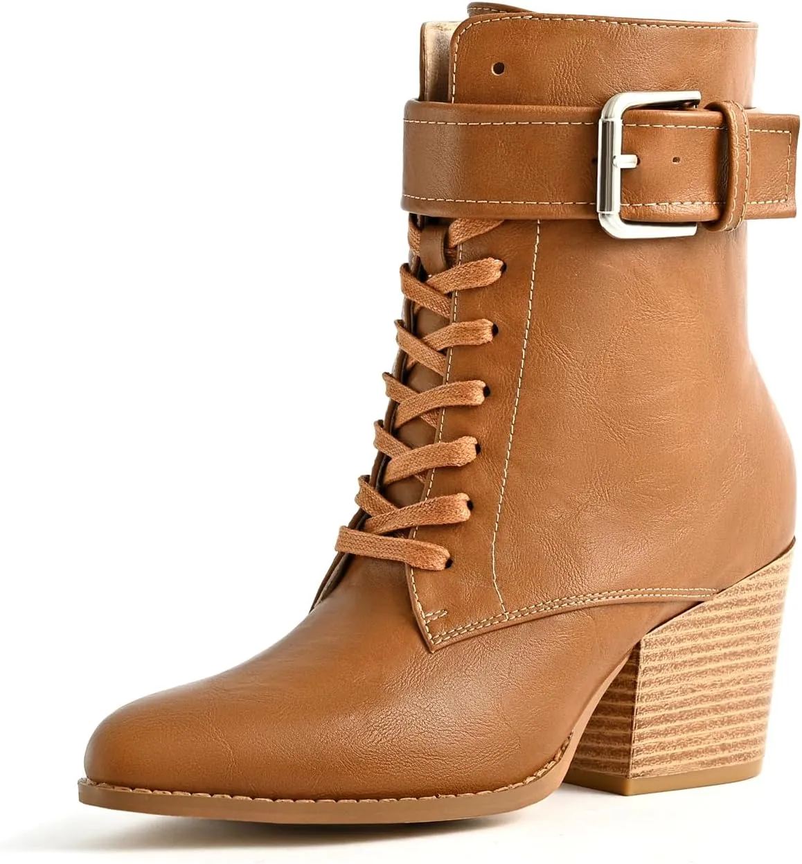 Ankle Boots for Women Chunky Heels Lace-up Booties with Side Zipper Buckle Strap Pointed Toe Comfortable Casual Ladies Work Booties Shoes