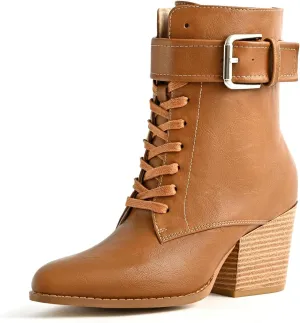 Ankle Boots for Women Chunky Heels Lace-up Booties with Side Zipper Buckle Strap Pointed Toe Comfortable Casual Ladies Work Booties Shoes