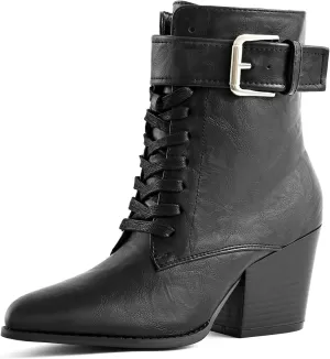 Ankle Boots for Women Chunky Heels Lace-up Booties with Side Zipper Buckle Strap Pointed Toe Comfortable Casual Ladies Work Booties Shoes