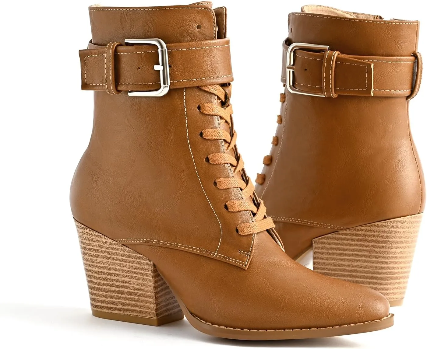 Ankle Boots for Women Chunky Heels Lace-up Booties with Side Zipper Buckle Strap Pointed Toe Comfortable Casual Ladies Work Booties Shoes