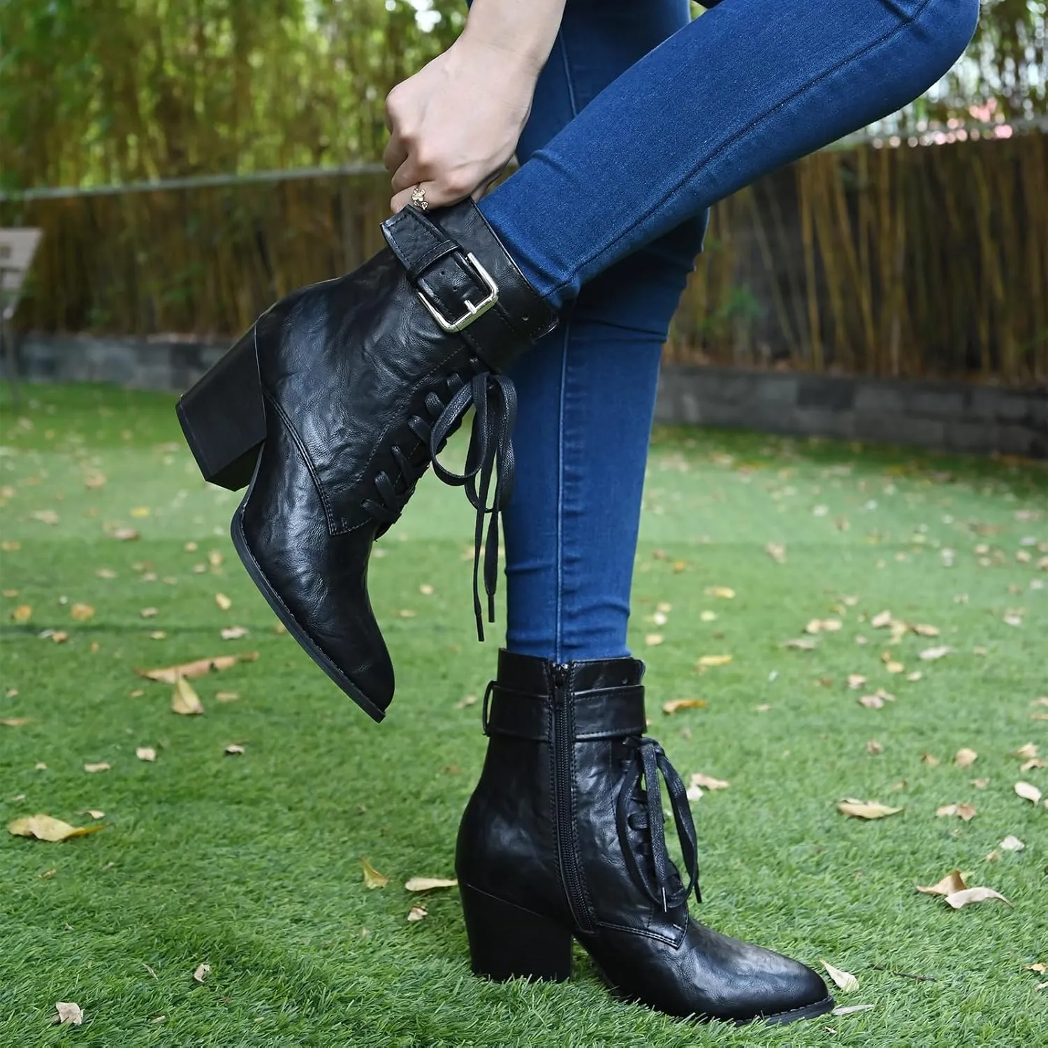 Ankle Boots for Women Chunky Heels Lace-up Booties with Side Zipper Buckle Strap Pointed Toe Comfortable Casual Ladies Work Booties Shoes