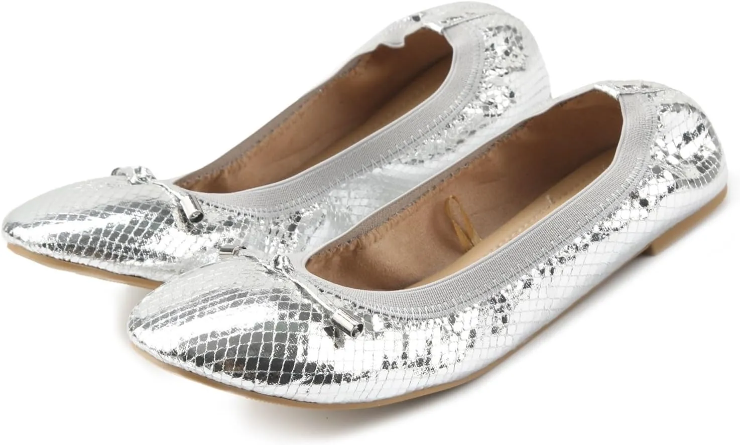 Ballet Flats Shoes for Women with Bow Foldable Portable Comfortable PU Leather Slip on Shoes Soft Casual Work Flats Office Shoes