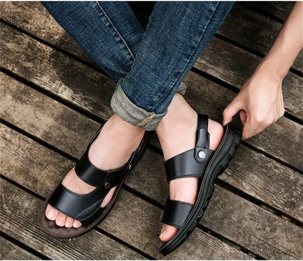 Beach Sandals Comfortable Soft Men Genuine Leather Slip-on Casual Sandals Outdoor Slippers Shoes(42)