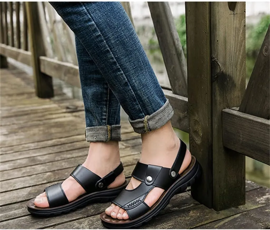 Beach Sandals Comfortable Soft Men Genuine Leather Slip-on Casual Sandals Outdoor Slippers Shoes(42)