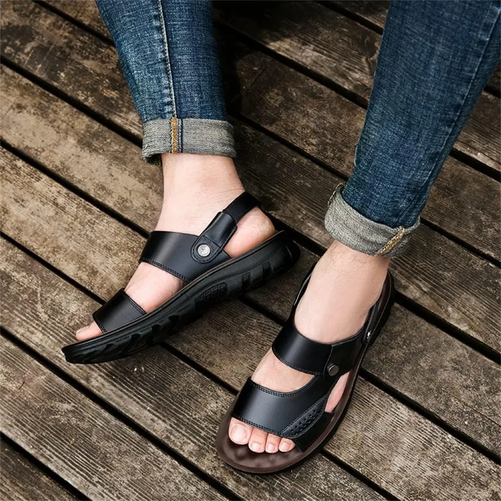 Beach Sandals Comfortable Soft Men Genuine Leather Slip-on Casual Sandals Outdoor Slippers Shoes(42)