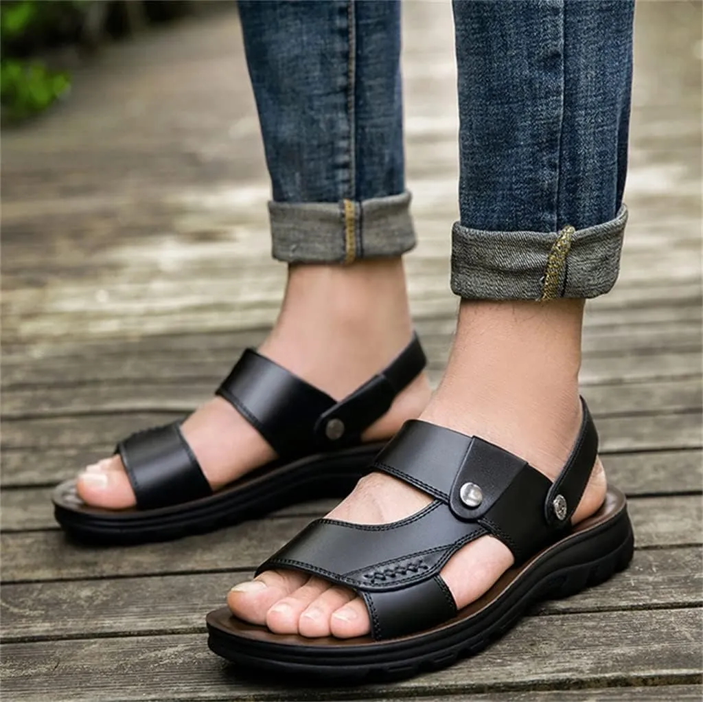 Beach Sandals Comfortable Soft Men Genuine Leather Slip-on Casual Sandals Outdoor Slippers Shoes(42)