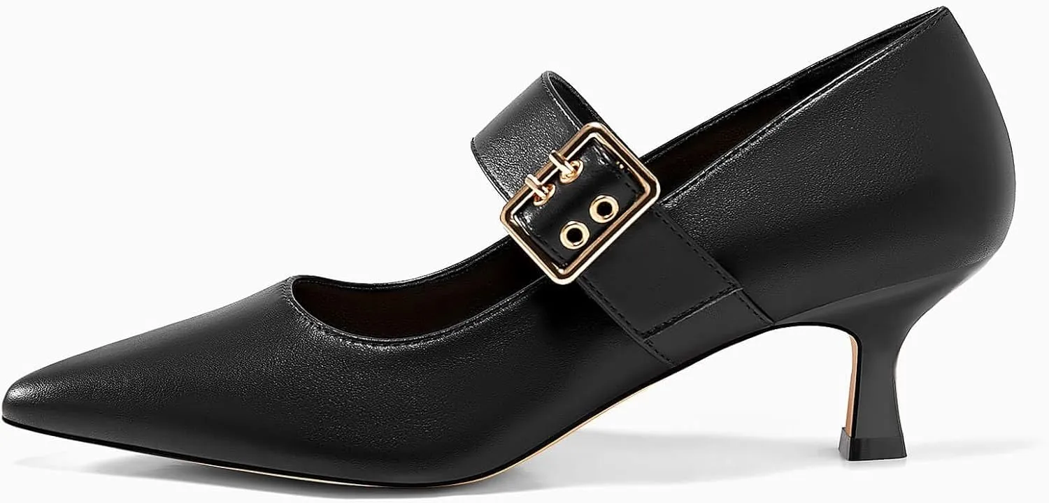 Coutgo Womens Kitten Heels Mary Jane Shoes Closed Pointed Toe Dress Shoes Buckle Work Office Pump Shoes