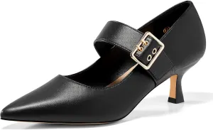 Coutgo Womens Kitten Heels Mary Jane Shoes Closed Pointed Toe Dress Shoes Buckle Work Office Pump Shoes
