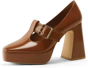 Coutgo Womens Platform Mary Jane Pumps T Strap Chunky High Heels Buckle Business Casual Dress Shoes