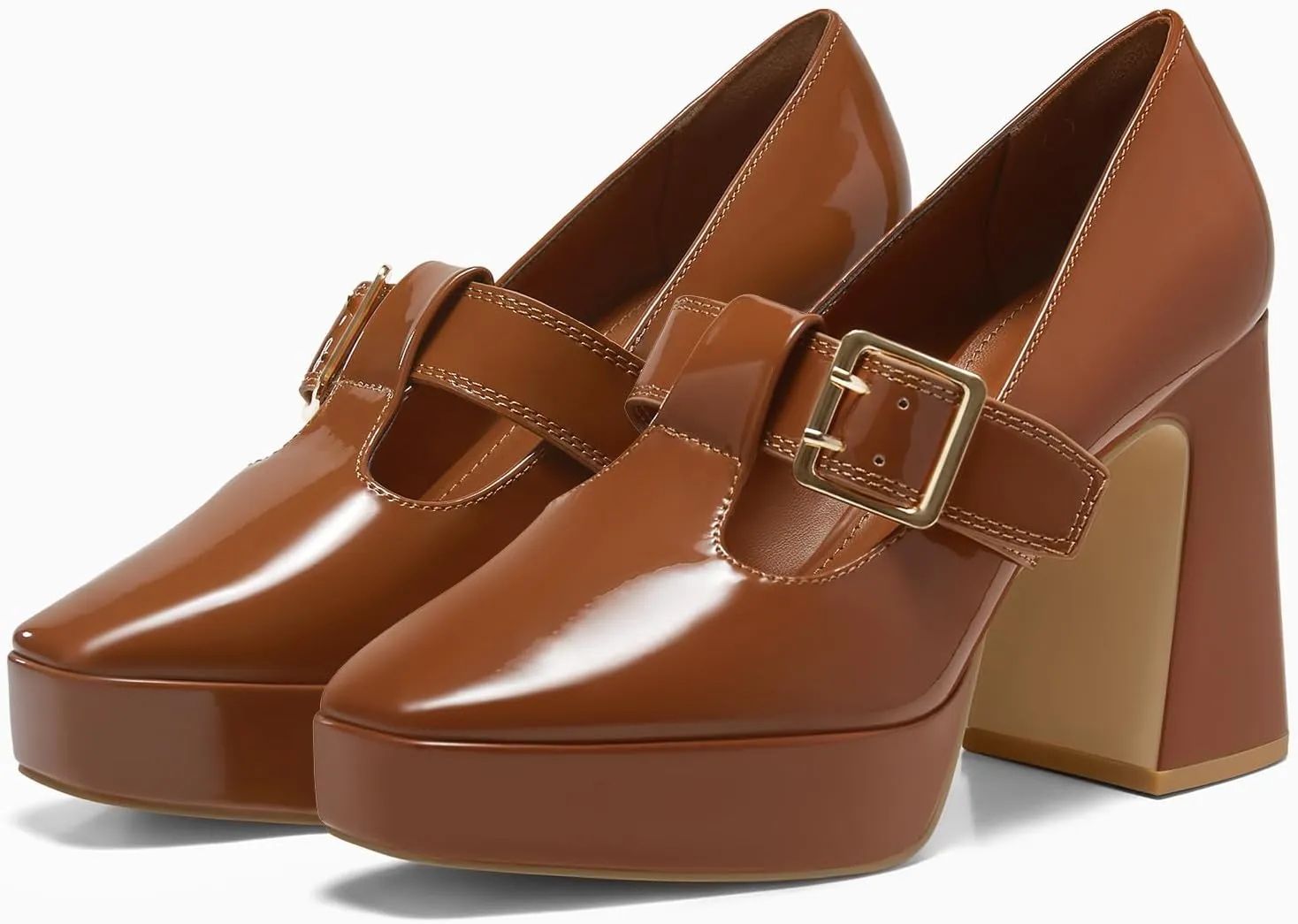 Coutgo Womens Platform Mary Jane Pumps T Strap Chunky High Heels Buckle Business Casual Dress Shoes