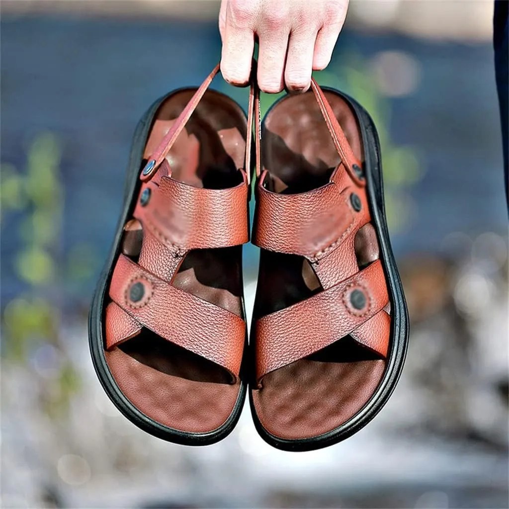 Cow Leather Sandals Non-Slip Slippers for Male Outdoor Comfortable Soft Bottom Beach Men Two Uses Sandals(40)