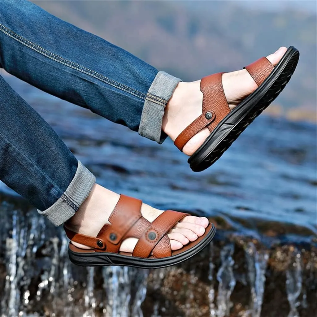 Cow Leather Sandals Non-Slip Slippers for Male Outdoor Comfortable Soft Bottom Beach Men Two Uses Sandals(40)