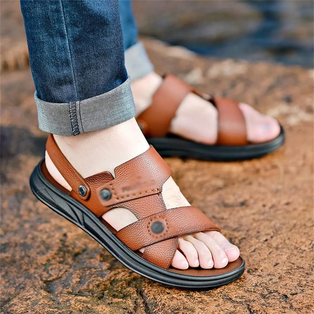 Cow Leather Sandals Non-Slip Slippers for Male Outdoor Comfortable Soft Bottom Beach Men Two Uses Sandals(40)