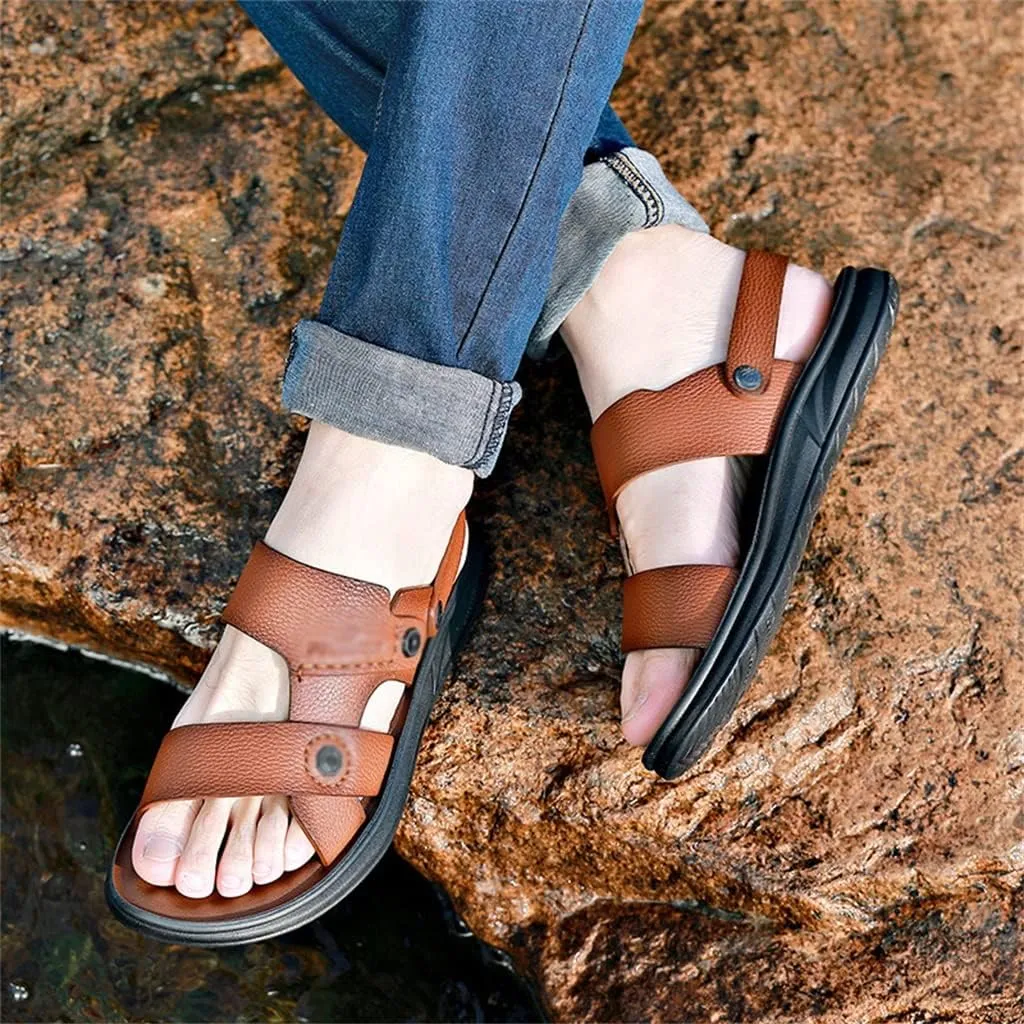 Cow Leather Sandals Non-Slip Slippers for Male Outdoor Comfortable Soft Bottom Beach Men Two Uses Sandals(40)