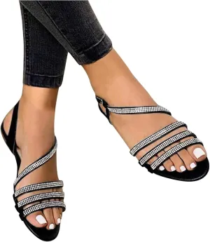 Eduavar Sandals for Women Dressy Summer, Sandals for Women Beach Sandals Breathable Buckle Rhinestone Open Toe Flat Sandals