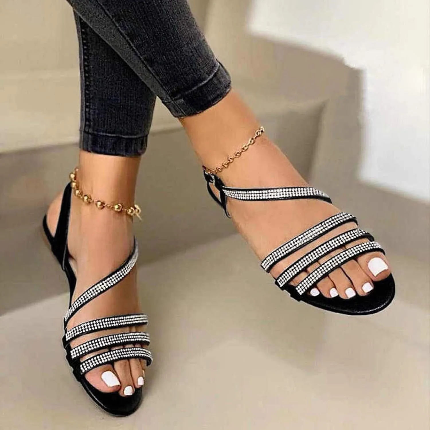 Eduavar Sandals for Women Dressy Summer, Sandals for Women Beach Sandals Breathable Buckle Rhinestone Open Toe Flat Sandals
