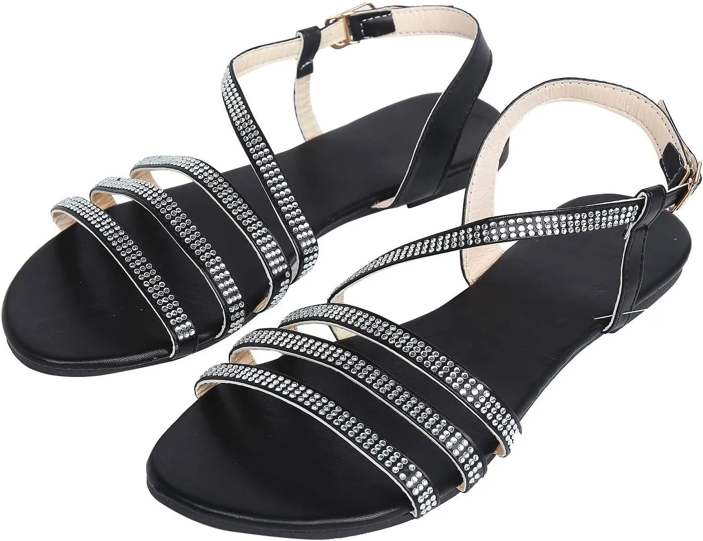 Eduavar Sandals for Women Dressy Summer, Sandals for Women Beach Sandals Breathable Buckle Rhinestone Open Toe Flat Sandals