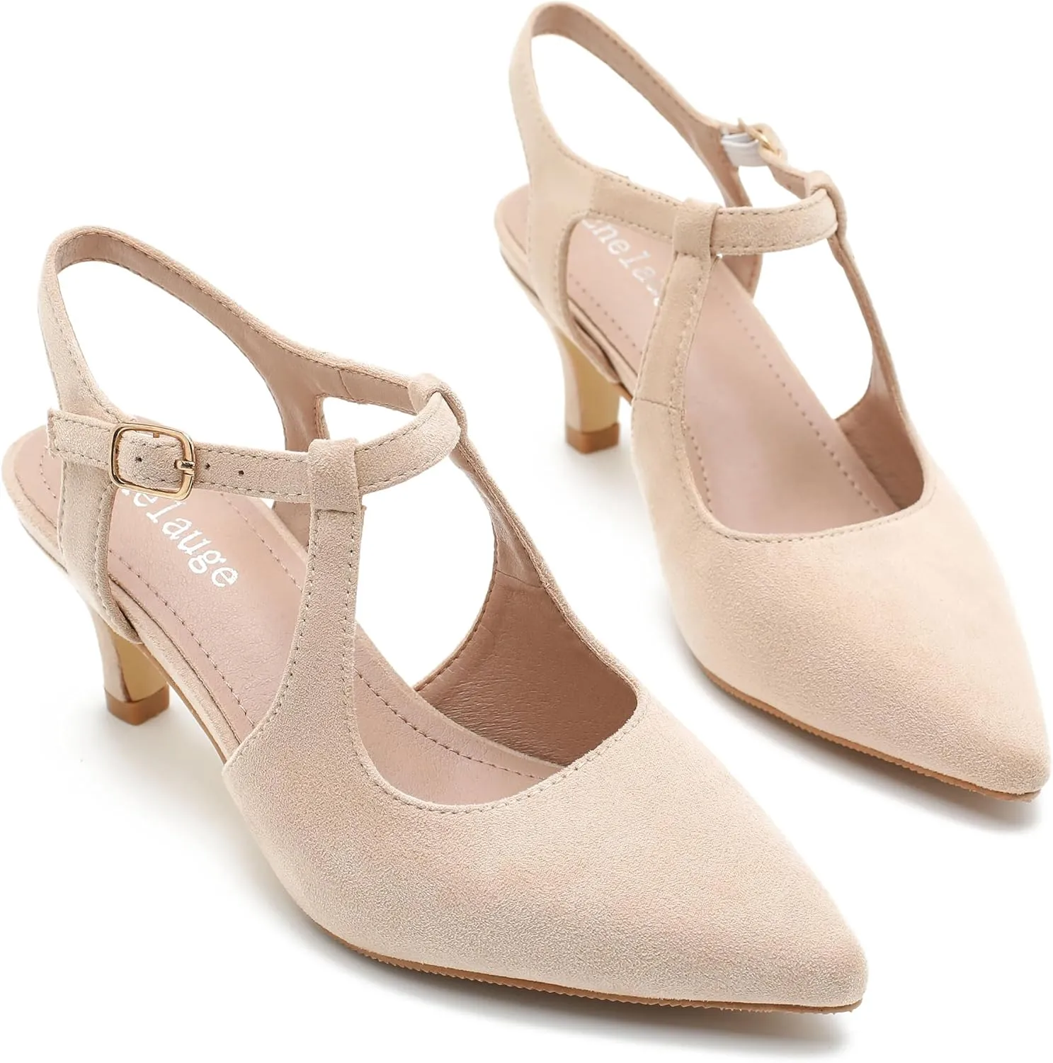 Enelauge Women's Closed Pointed Toe Heels Ankle Strap Pumps Low Kitten Heel Elegant Strappy Comfortable Office Wedding Dressy Bride Prom Shoes