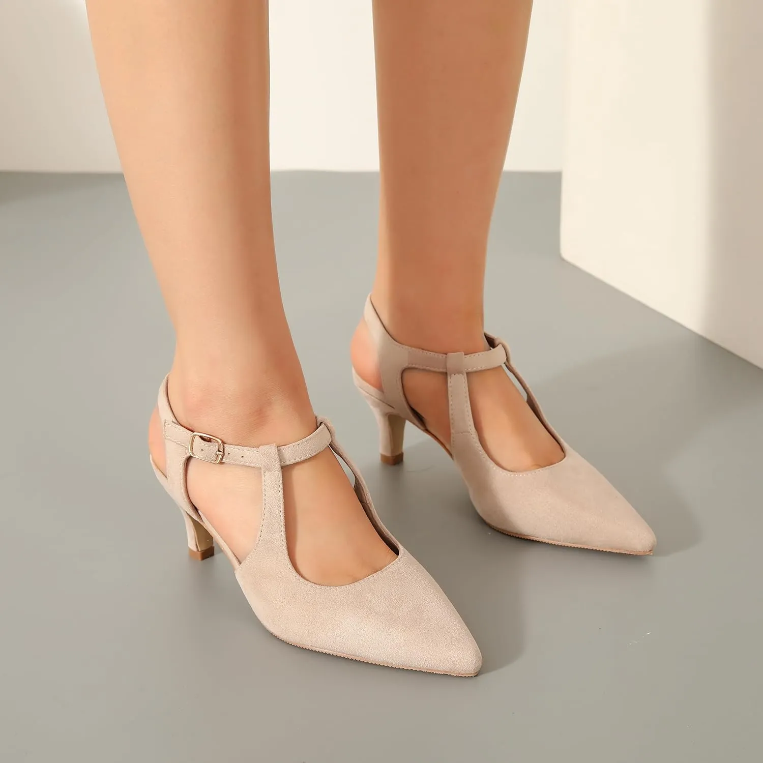 Enelauge Women's Closed Pointed Toe Heels Ankle Strap Pumps Low Kitten Heel Elegant Strappy Comfortable Office Wedding Dressy Bride Prom Shoes