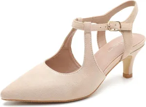 Enelauge Women's Closed Pointed Toe Heels Ankle Strap Pumps Low Kitten Heel Elegant Strappy Comfortable Office Wedding Dressy Bride Prom Shoes