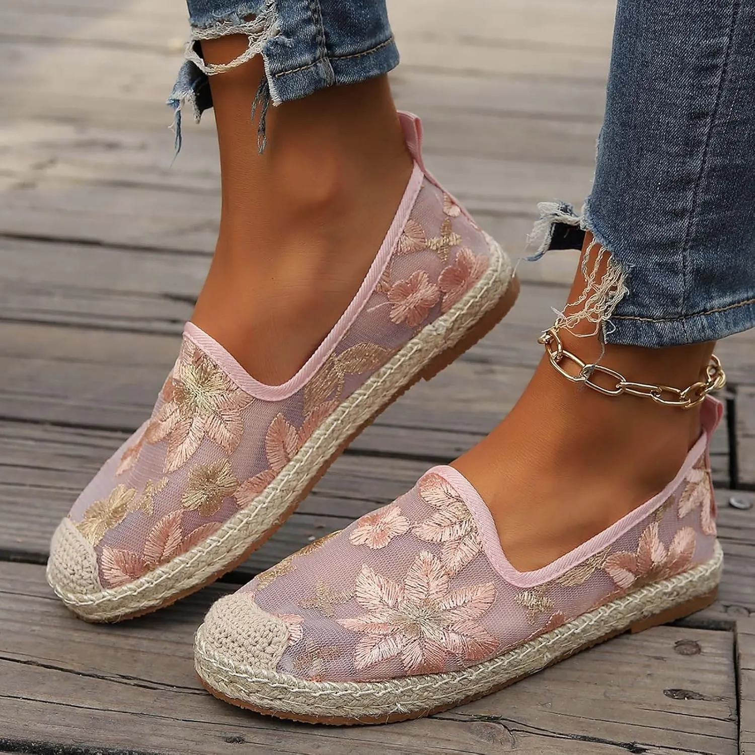Espadrille Loafers Women Mesh Embroidered Floral Closed Toe Classic Casual Shoes Party Bridal Shoes Summer Dress Sandals