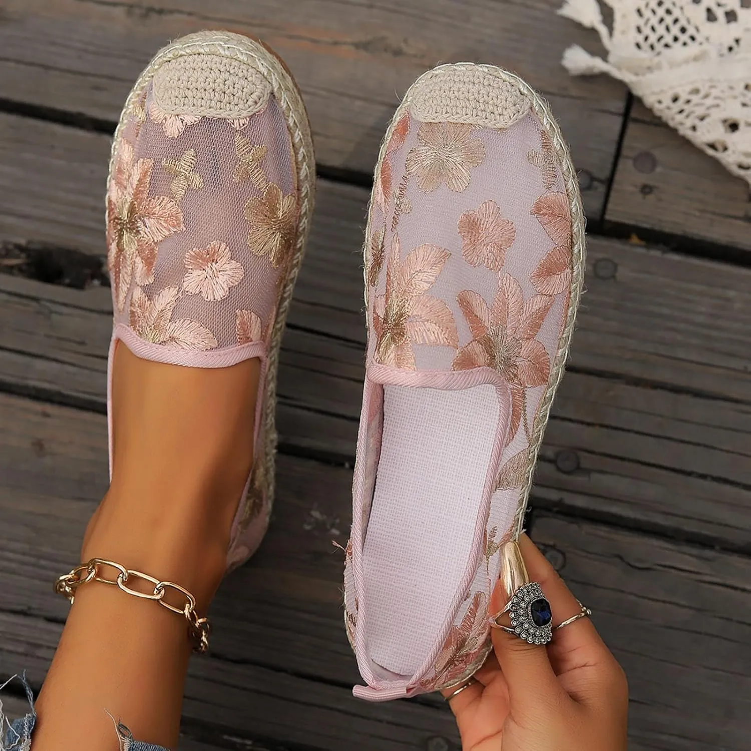 Espadrille Loafers Women Mesh Embroidered Floral Closed Toe Classic Casual Shoes Party Bridal Shoes Summer Dress Sandals