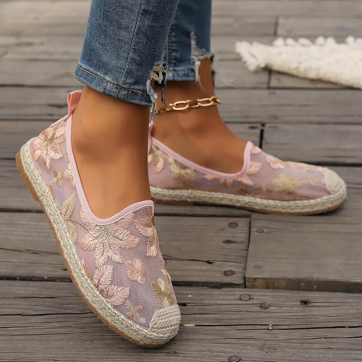 Espadrille Loafers Women Mesh Embroidered Floral Closed Toe Classic Casual Shoes Party Bridal Shoes Summer Dress Sandals