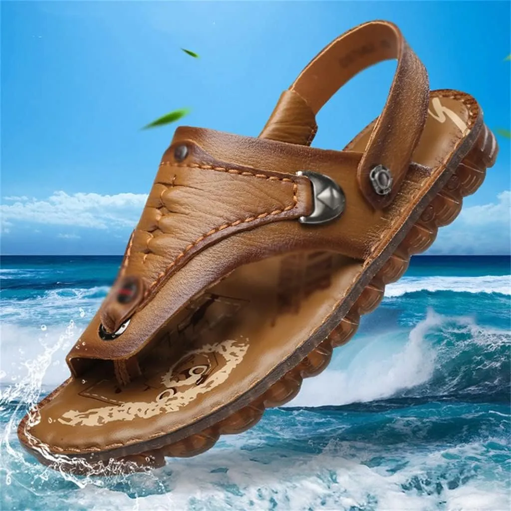 Flip Flops Mens Sandals Slippers Genuine Leather Beach Shoes Men's Trend Soft Casual Men's Non-Slip Two Uses Sandals(40)
