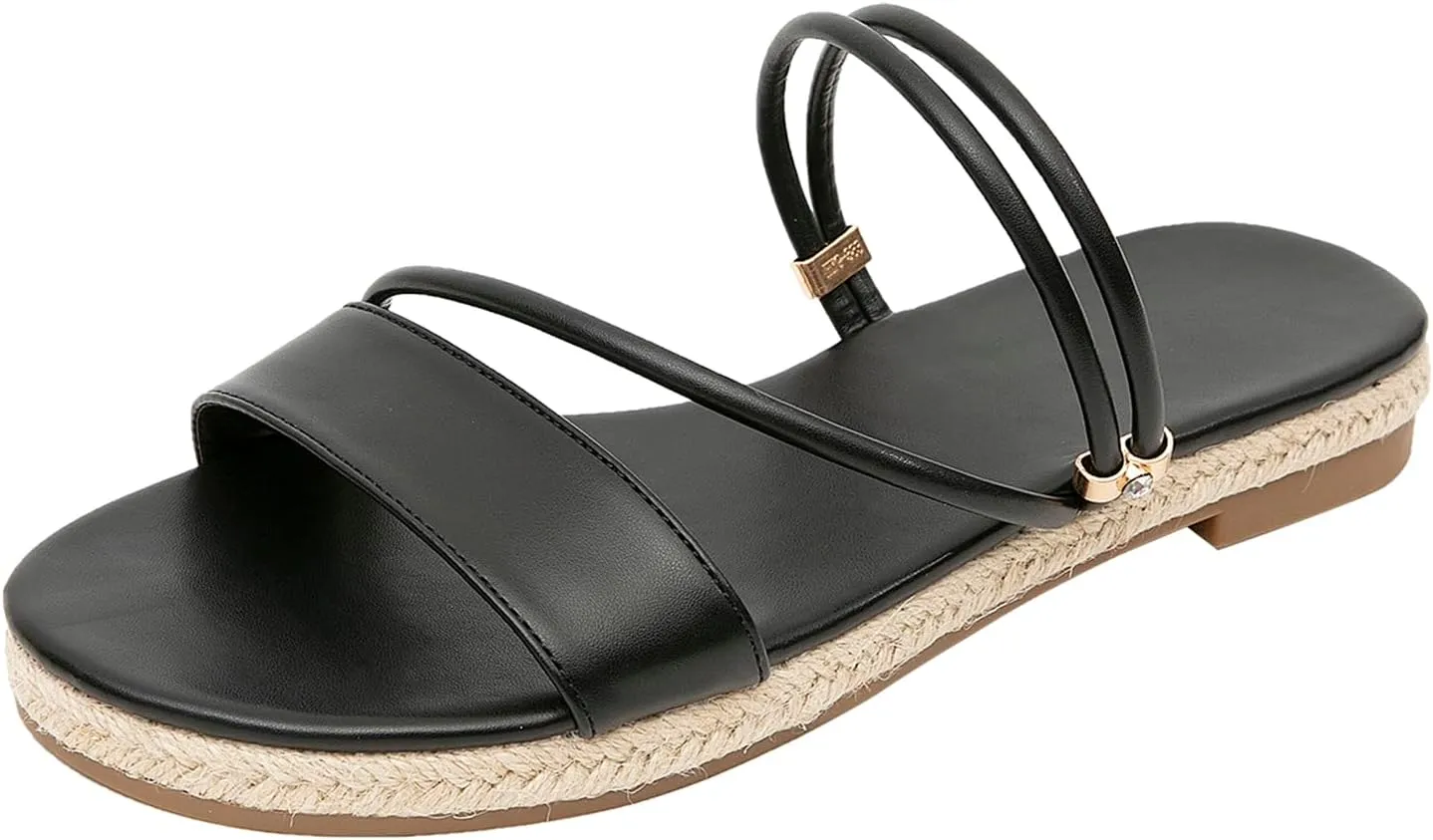 GATUXUS Women's Espadrilles Slip On Flats Sandals Peep Toe Slides Slingback Raffia Sandals Summer Beach Shoes