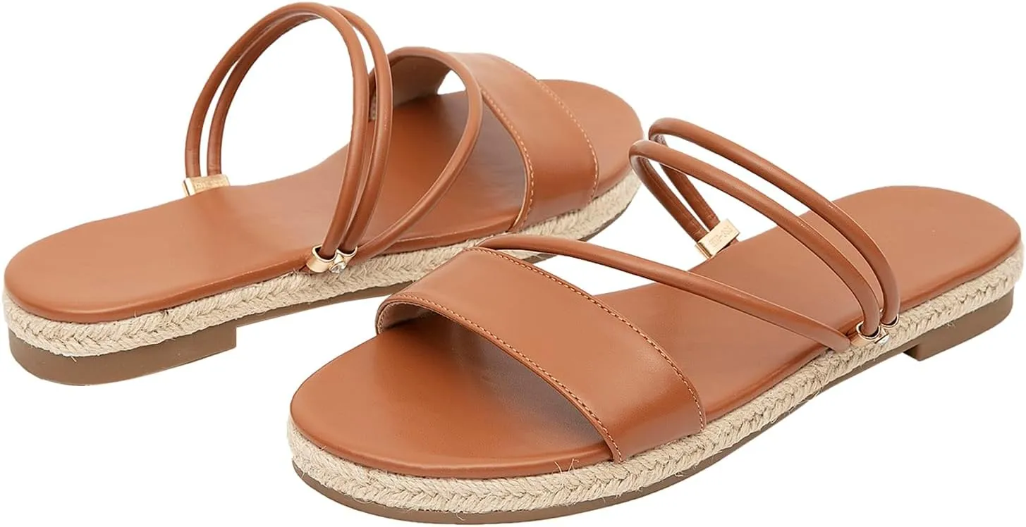 GATUXUS Women's Espadrilles Slip On Flats Sandals Peep Toe Slides Slingback Raffia Sandals Summer Beach Shoes