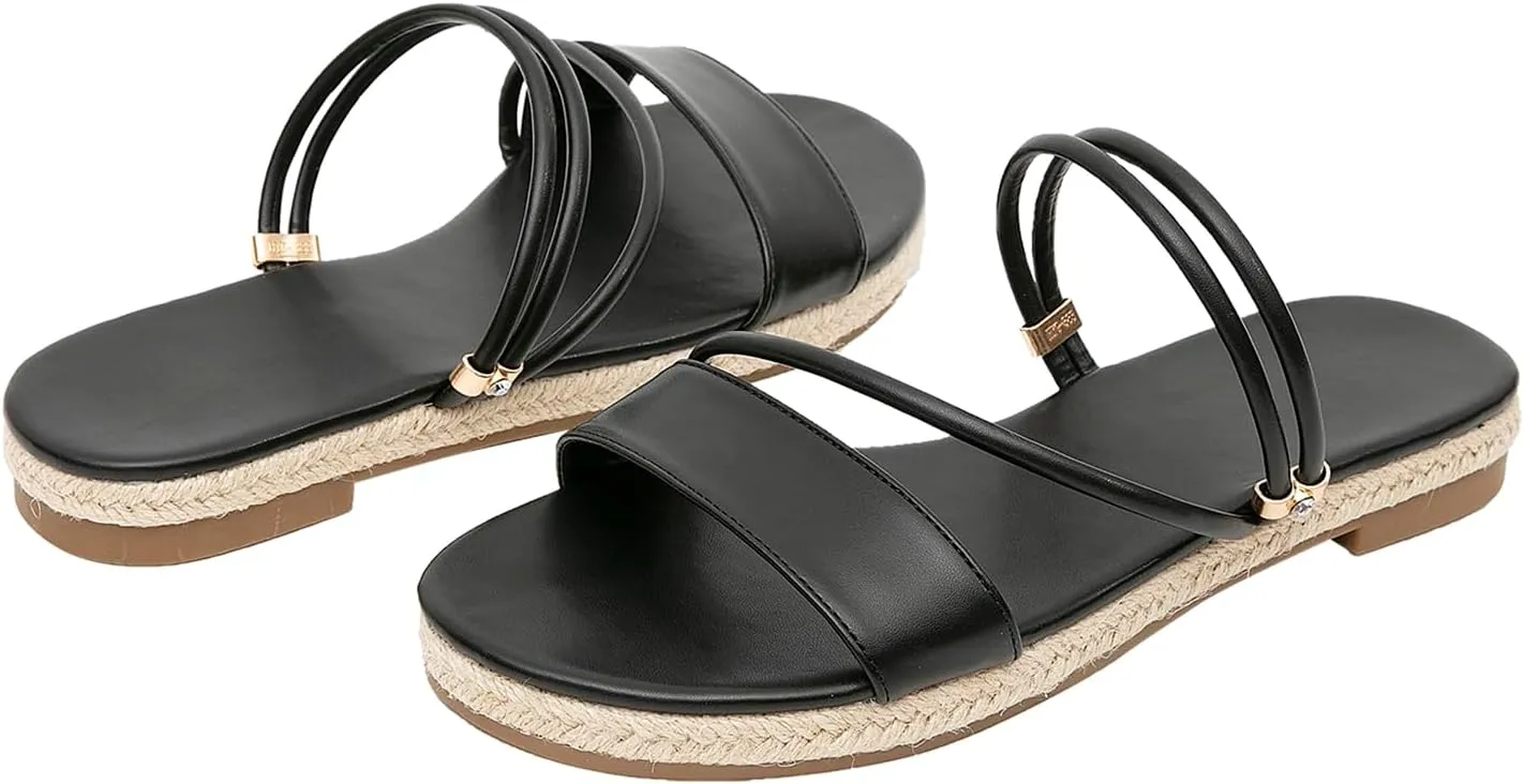 GATUXUS Women's Espadrilles Slip On Flats Sandals Peep Toe Slides Slingback Raffia Sandals Summer Beach Shoes