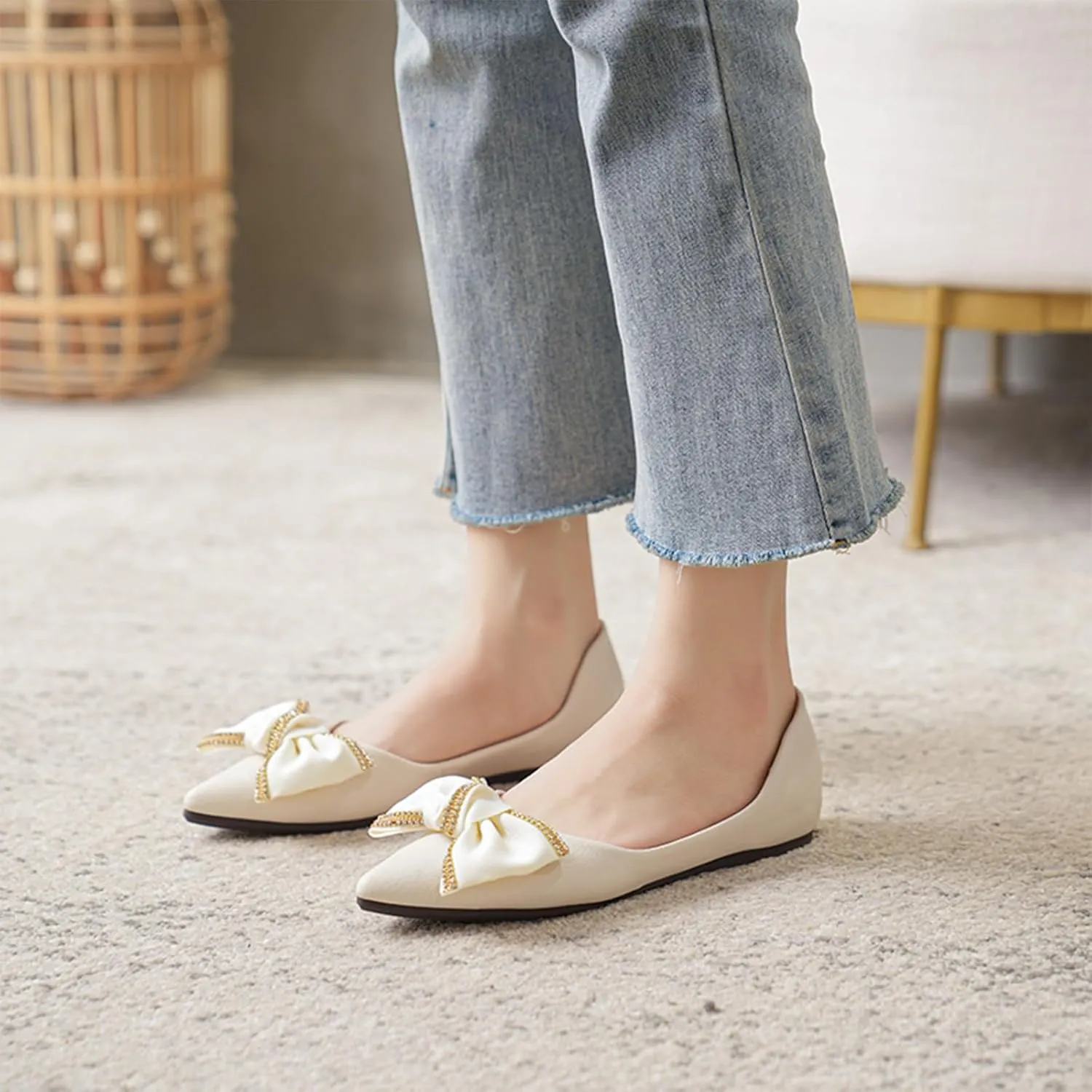 HROYL Women Ballet Flats Bow Ballroom Flats Dress Shoes Work Slip On Moccasins YSX-223-3 Model YSX-223-3
