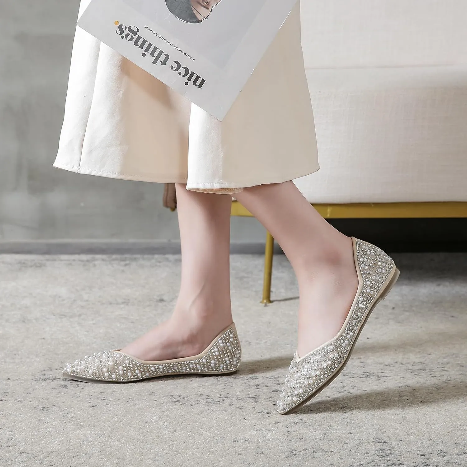 HROYL Women Flats Shoes Rhinestone Wedding Flats Comfort Pointed Toe Ballet Flat Shoe Dress Shoes Sparkly Flats Model YSX-658-162