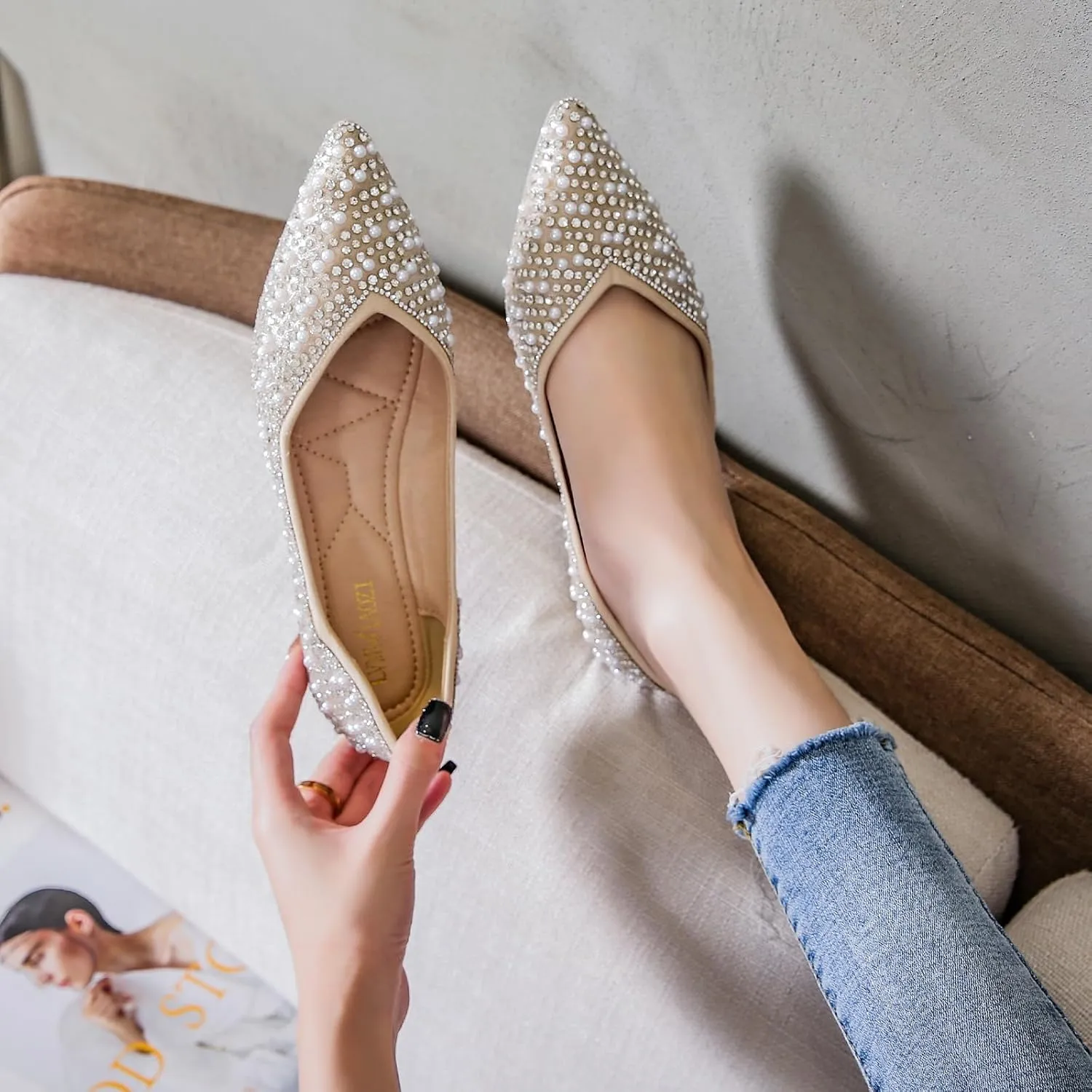 HROYL Women Flats Shoes Rhinestone Wedding Flats Comfort Pointed Toe Ballet Flat Shoe Dress Shoes Sparkly Flats Model YSX-658-162