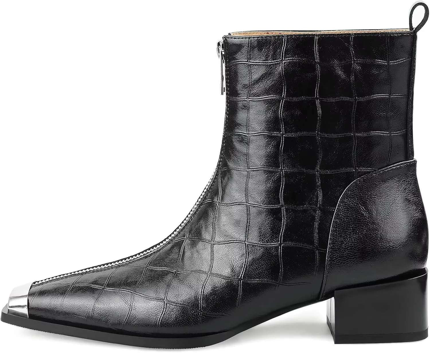 Husmeu Womens Ankle Boots Low Chunky Heel Short Genuine Leather Zip Up Metal Toe Fall Booties with Front Zipper
