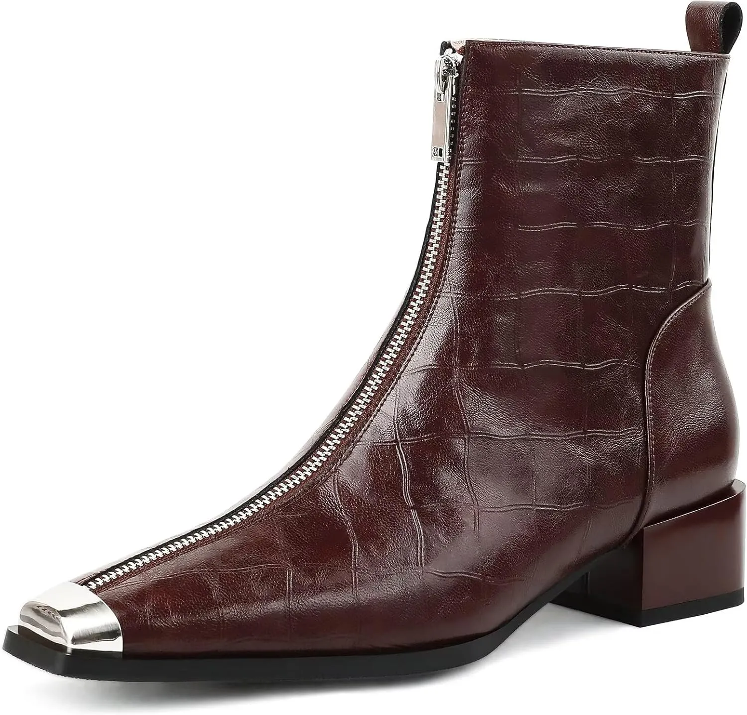 Husmeu Womens Ankle Boots Low Chunky Heel Short Genuine Leather Zip Up Metal Toe Fall Booties with Front Zipper