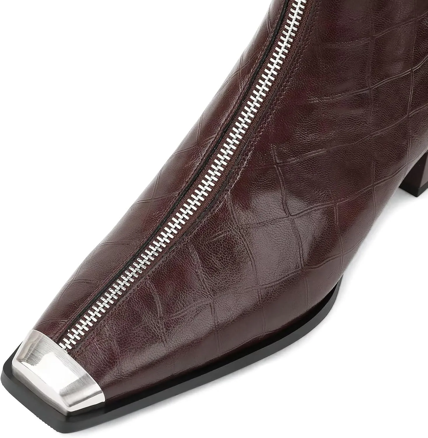 Husmeu Womens Ankle Boots Low Chunky Heel Short Genuine Leather Zip Up Metal Toe Fall Booties with Front Zipper