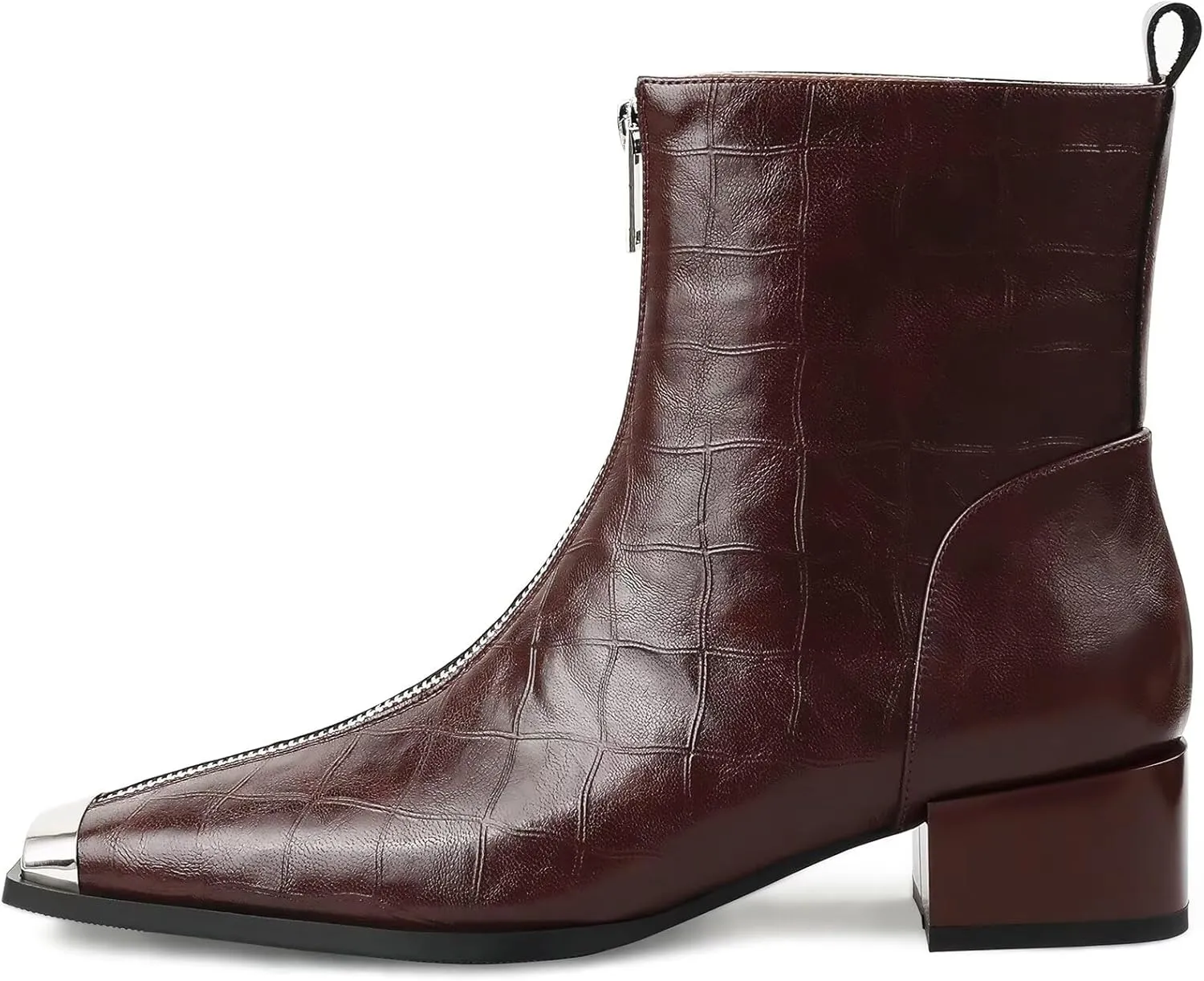 Husmeu Womens Ankle Boots Low Chunky Heel Short Genuine Leather Zip Up Metal Toe Fall Booties with Front Zipper