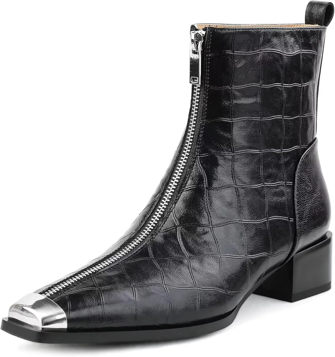 Husmeu Womens Ankle Boots Low Chunky Heel Short Genuine Leather Zip Up Metal Toe Fall Booties with Front Zipper