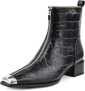 Husmeu Womens Ankle Boots Low Chunky Heel Short Genuine Leather Zip Up Metal Toe Fall Booties with Front Zipper