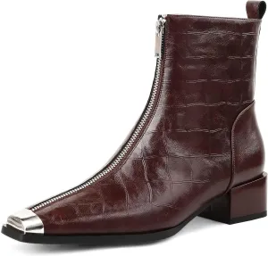 Husmeu Womens Ankle Boots Low Chunky Heel Short Genuine Leather Zip Up Metal Toe Fall Booties with Front Zipper