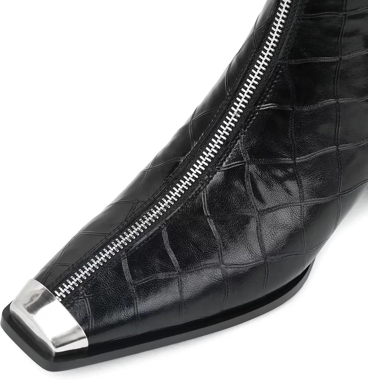 Husmeu Womens Ankle Boots Low Chunky Heel Short Genuine Leather Zip Up Metal Toe Fall Booties with Front Zipper