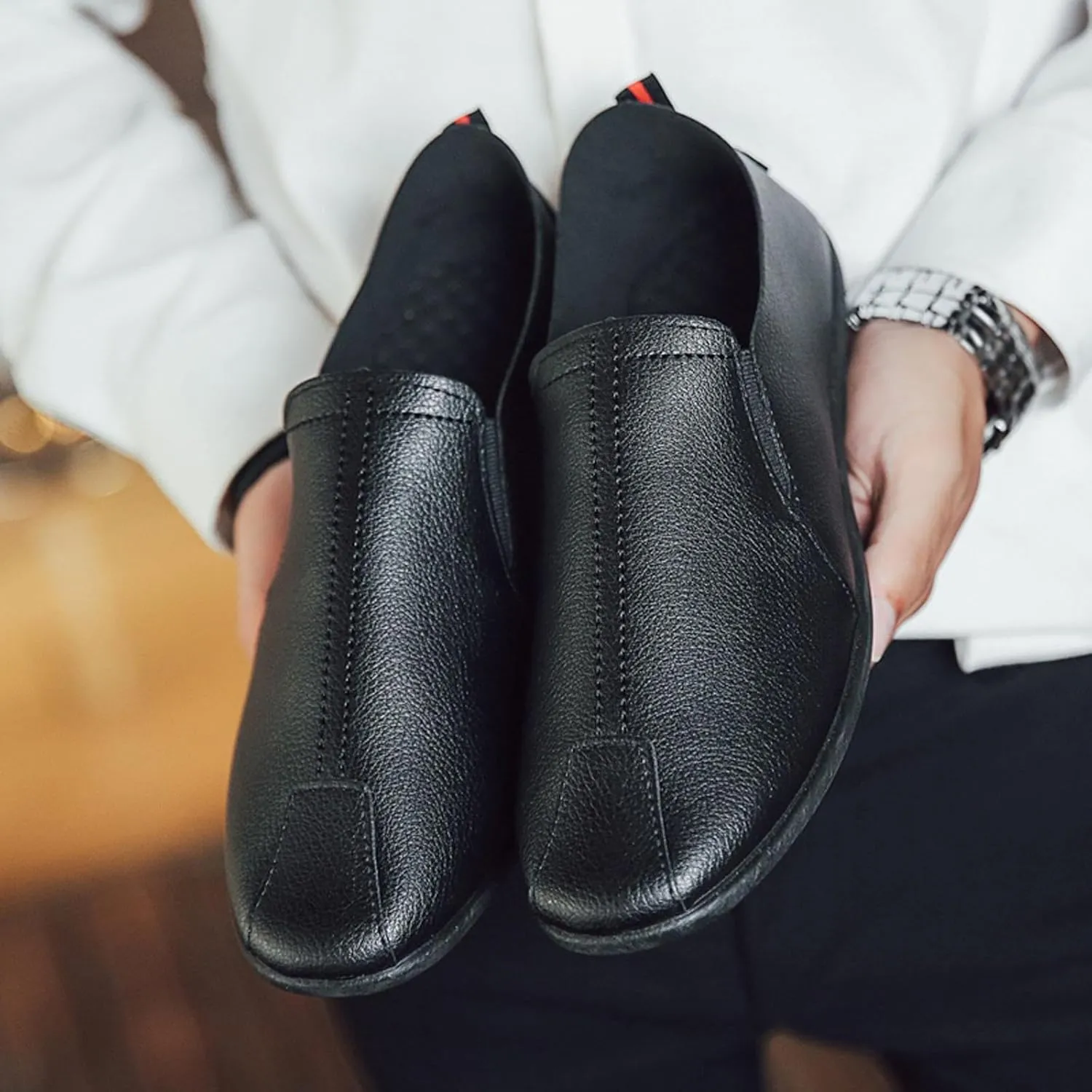 Leisure Men's Four Seasons Non Slip Flat Round Toe Breathable Slip On Lazy Leisure Casual Dress Shoes for Men Size 8 No Slip